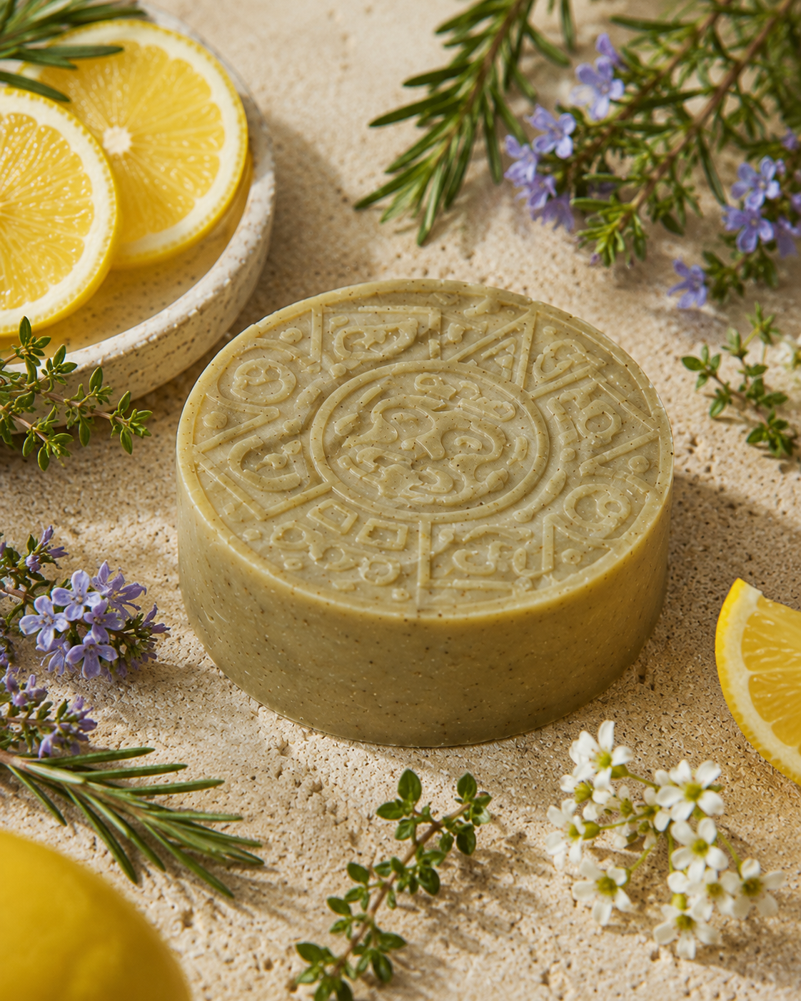 A round bar of natural soap with a carved top on a textured beige surface. The soap is styled with lemon slices, rosemary sprigs, and dried herbs in a warm, natural setting.