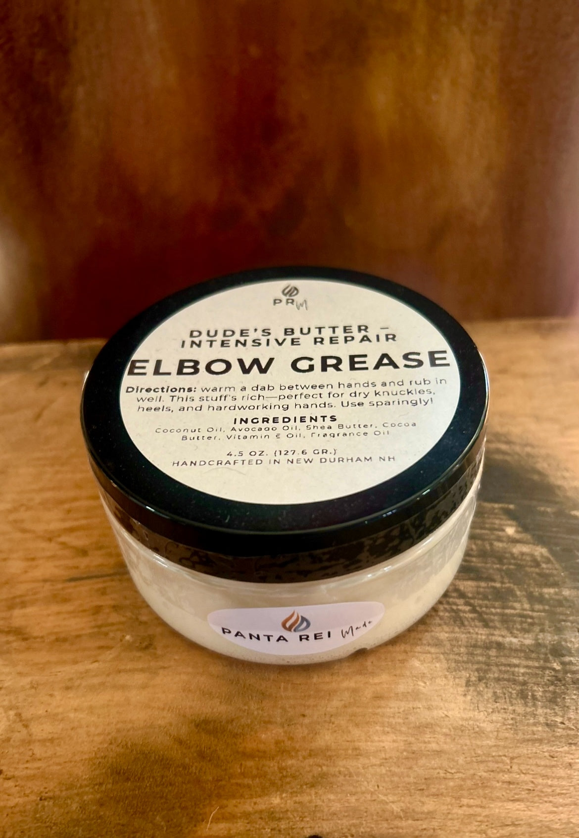 “Elbow Grease men’s intensive repair butter in clear jar with black lid by Panta Rei Made.”