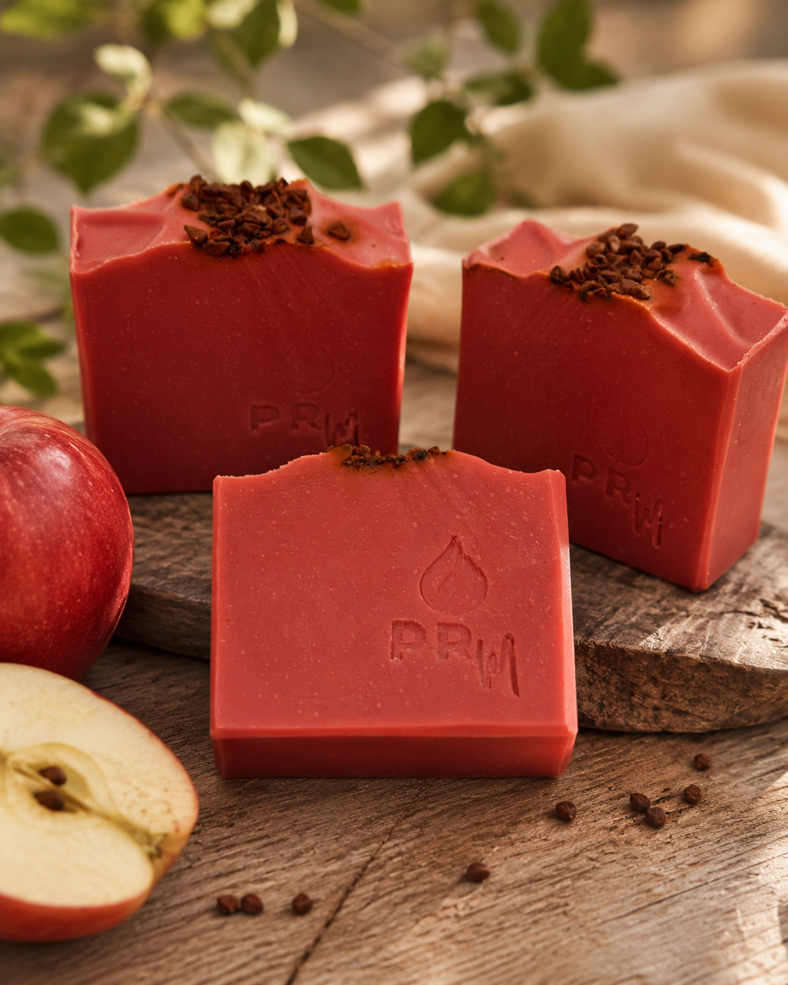 Three rectangular red soap bars with a textured top and dark dried botanicals, arranged on a rustic wooden surface with an apple and green leaves in the background. The front soap bar shows the embossed brand name PRM.