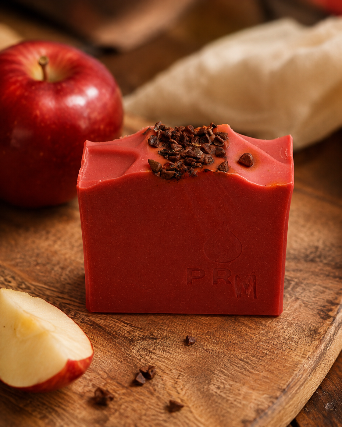 Red Apple cold process soap with apple and seed topping