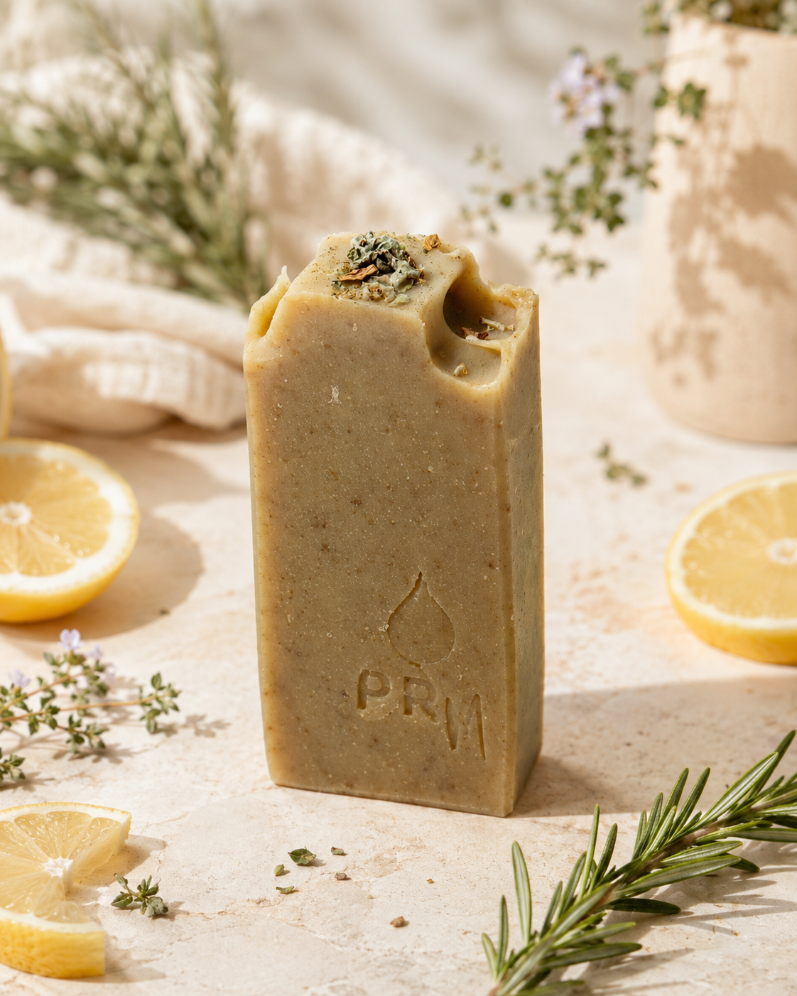 A rectangular bar of natural soap with a rustic broken top, embossed with 'PRM', standing upright on a textured beige surface. The soap is styled with lemon slices, rosemary sprigs, and dried herbs in a warm, natural setting.