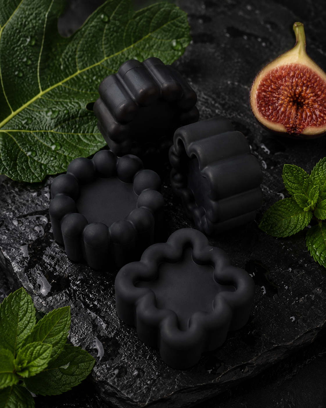 Fig + Mint charcoal cold process soaps with fig leaves and mint
