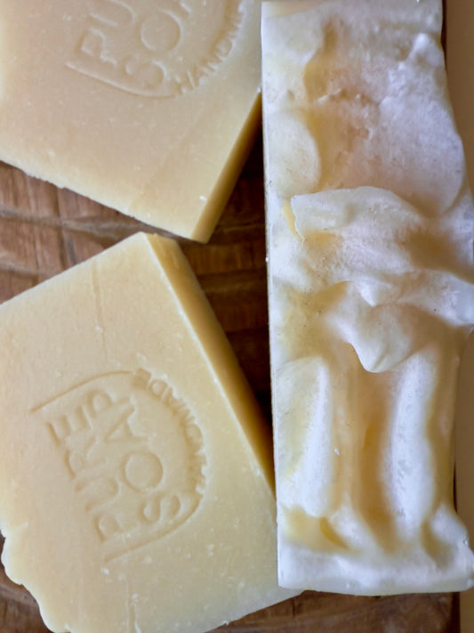 Creamy beige apple-sage soap bar with light speckles and a clean, rustic edge.