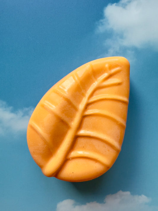 Bright orange leaf-shaped soap with subtle natural specks, photographed against a blue sky backdrop with soft white clouds.