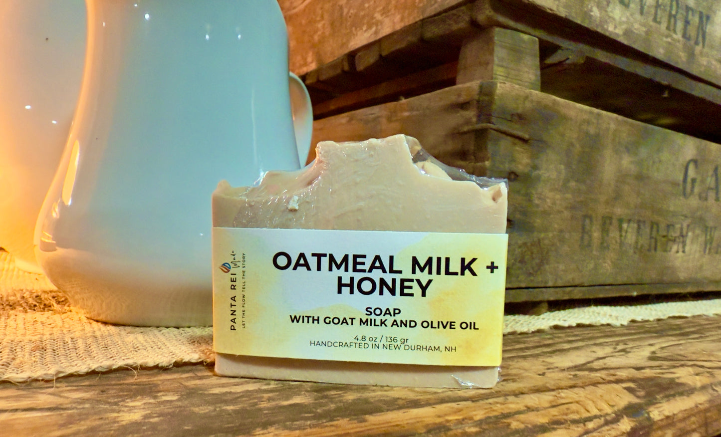 Bar of oatmeal milk and honey soap on a wooden surface with a rustic background
Loaf-cut Oatmeal Milk and Honey soap bar with a warm beige tone and subtle oat specks.