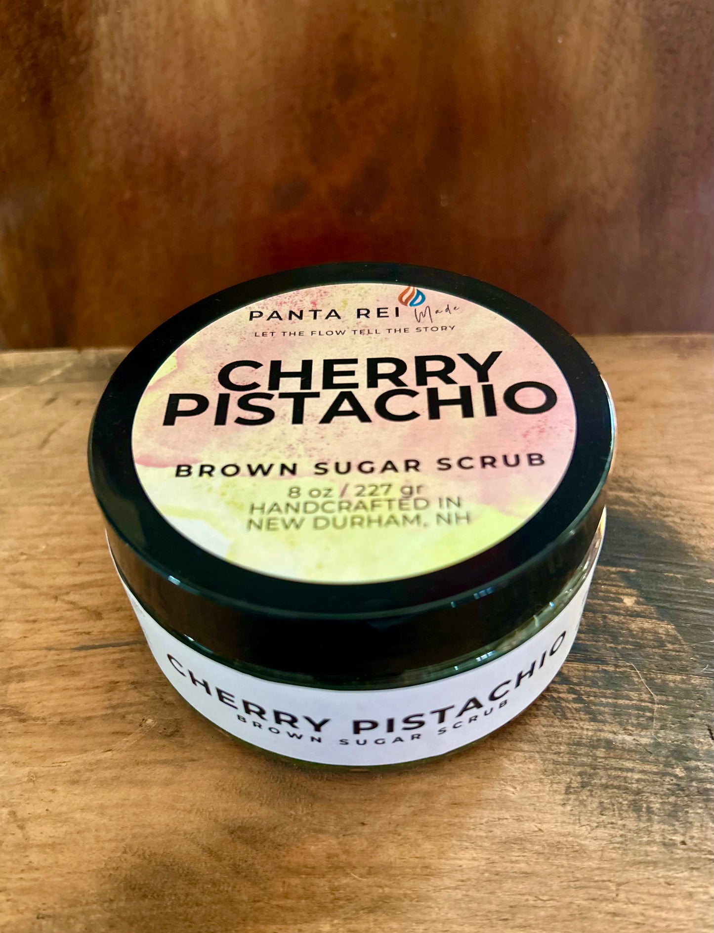 Cherry Pistachio Brown Sugar Scrub in a jar with two-tone mica finish