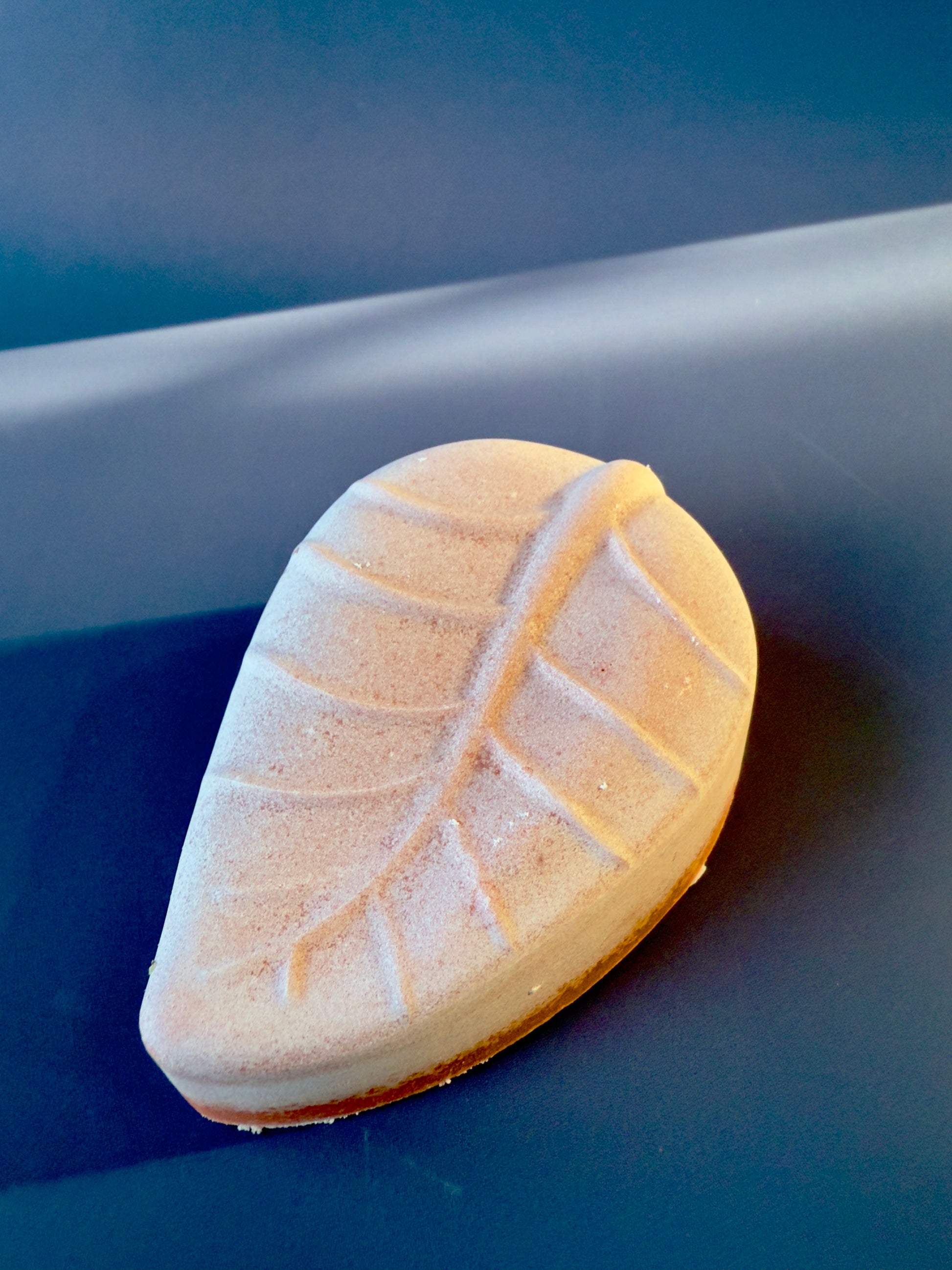 Leaf-shaped beef tallow soap with coral kaolin clay on a blue-gray background