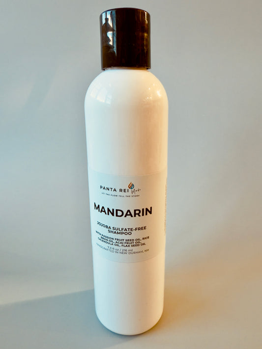 White bottle with black cap labeled Mandarin sulfate-free shampoo.