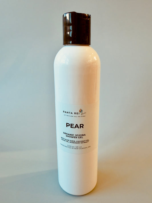 White bottle with black cap labeled Pear Organic Jojoba Shower Gel.