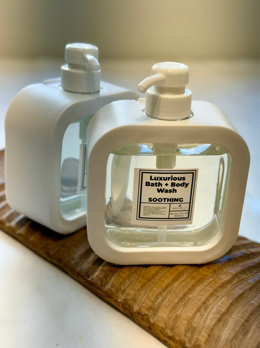 Square white pump bottle filled with clear Soothing Bath + Body Wash by Panta Rei Made.