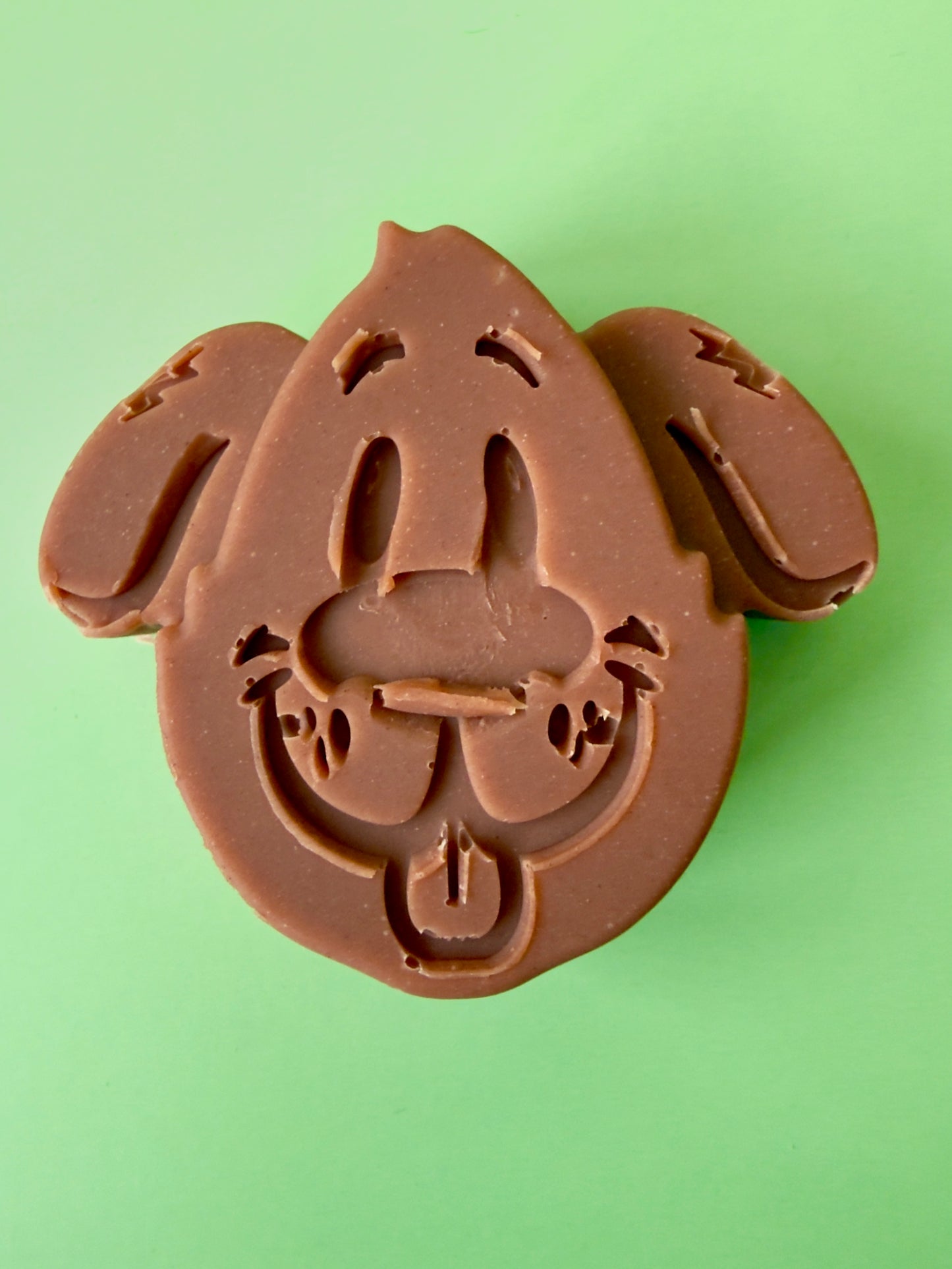 Clary sage grapefruit baby soap shaped like a puppy face on a soft green background