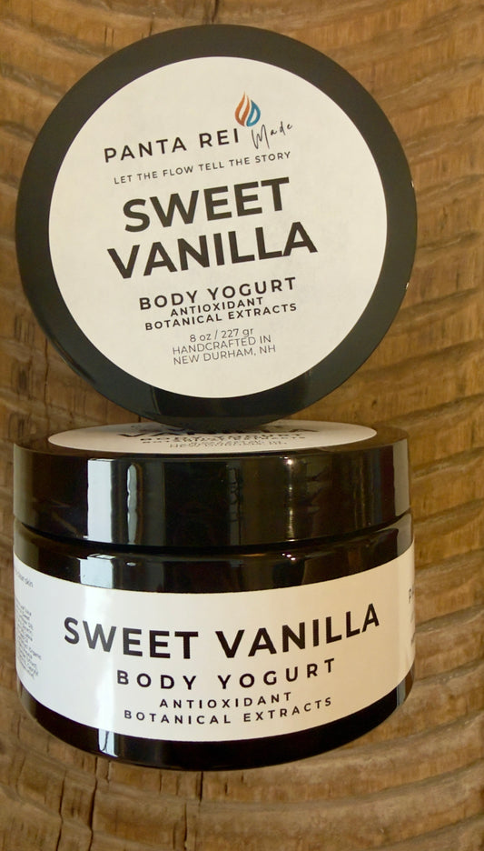 Sweet Vanilla body yogurt in an amber jar with minimalist Panta Rei Made label on wood surface