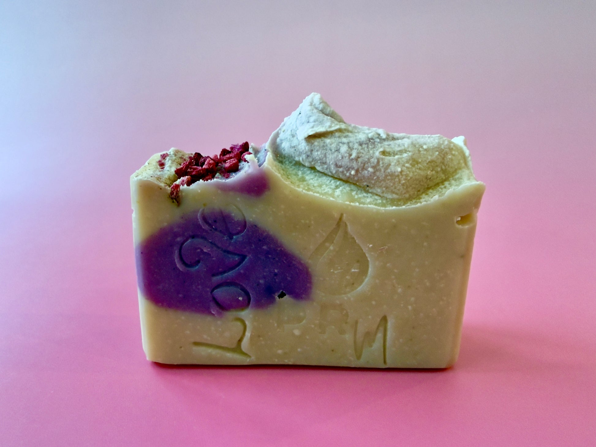 Handcrafted Fresh Blossoms soap bar with PRM stamp, floral-fruit scent, and cranberry topping.
