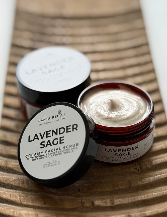 Open jar of Lavender Sage facial scrub showing the creamy exfoliating texture.