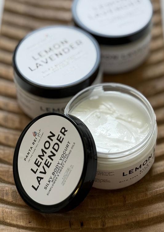 Open jar of Lemon Lavender body yogurt showing the creamy whipped texture.