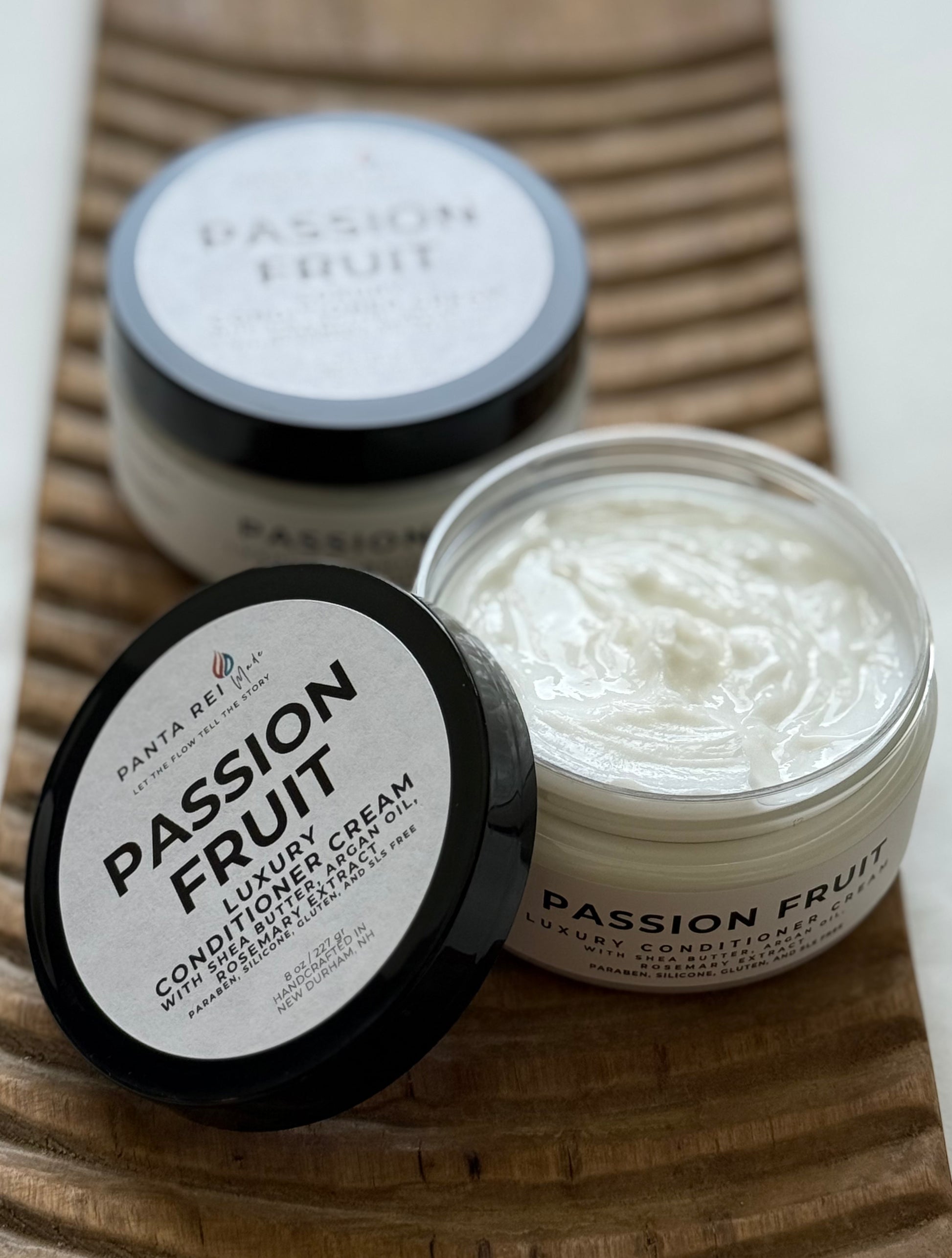 Panta Rei Made Passion Fruit conditioner cream with open jar showing rich creamy texture.