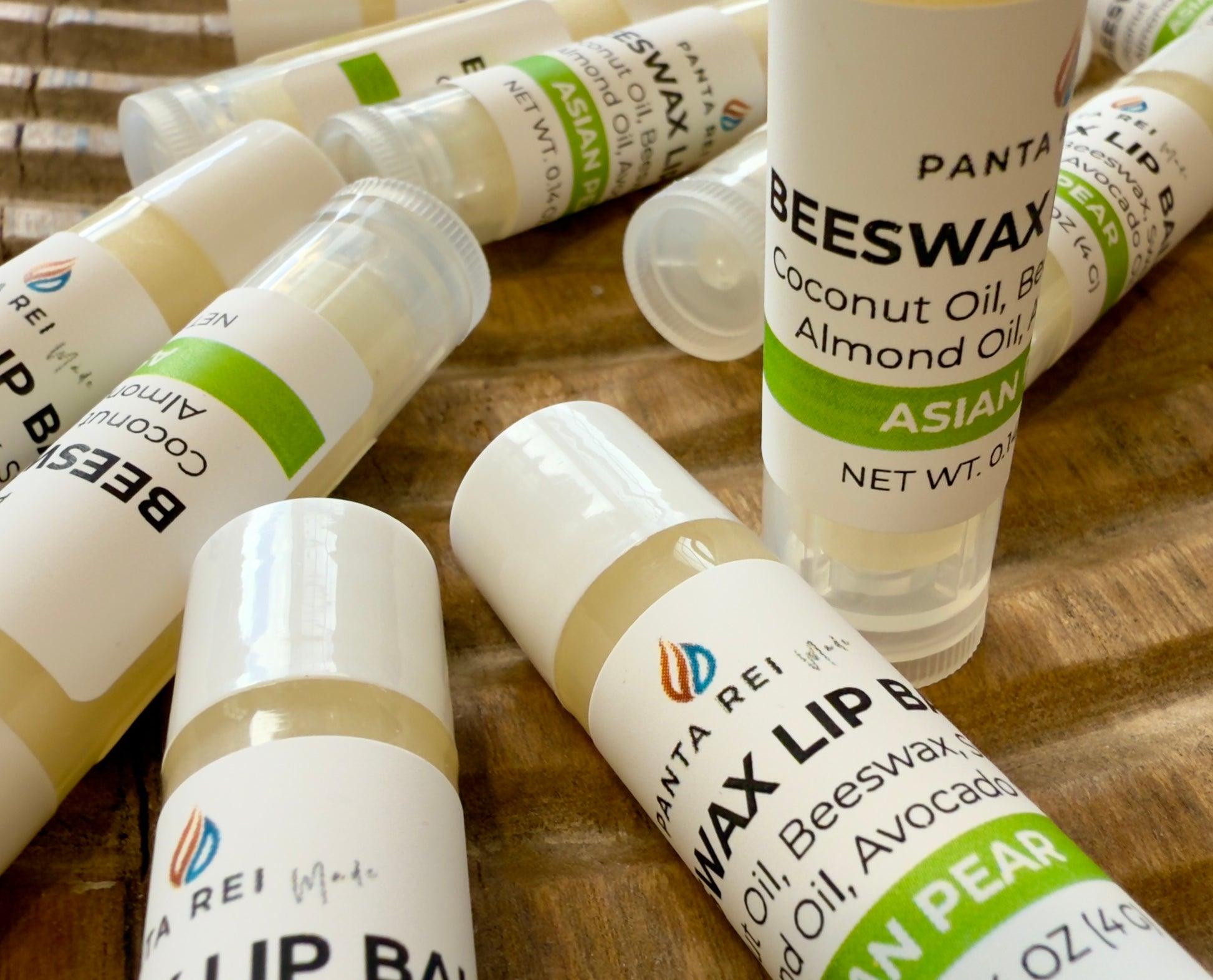 Close-up of Asian Pear lip balm showing label details and ingredients.